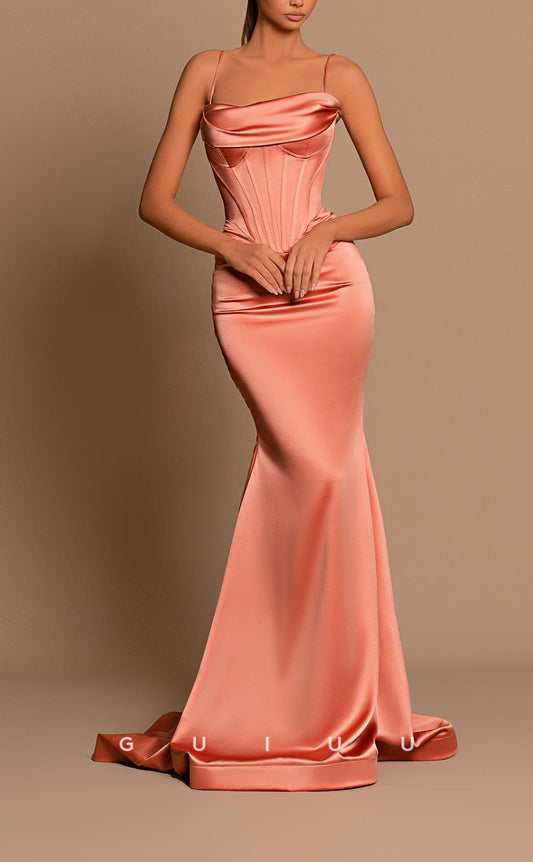 G2307 - Spaghetti Straps Elastic Satin Mermaid Long Prom Formal Dress