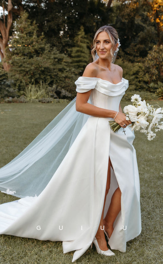 GW104 - A line Off Shulder Satin Rustic Wedding Dress with Slit