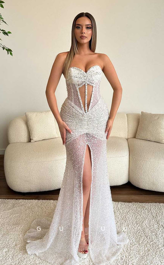 G4415 - Sexy & Hot Column Mermaid Strapless Crystal Sleeveless Prom Party Dress with Slit