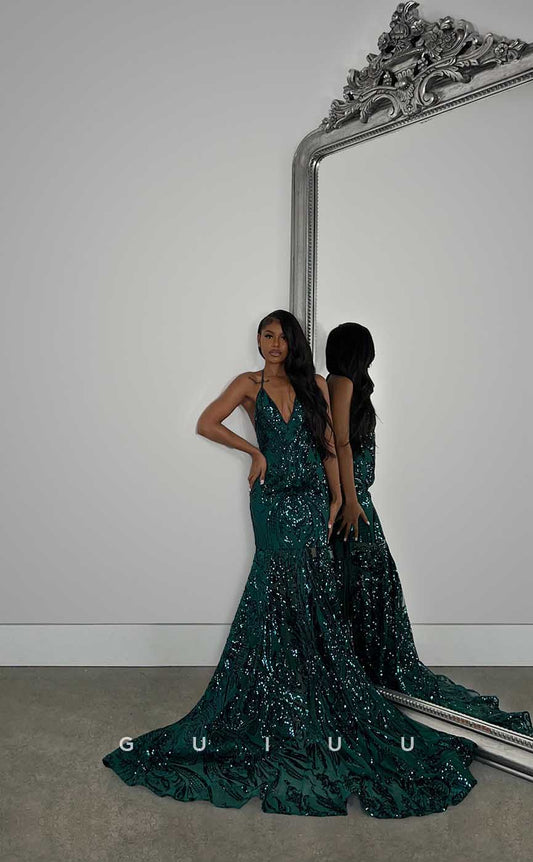 G4428 -Sexy & Hot Mermaid V Neck Spaghetti Straps Fully Sequined Sleeveless Formal Prom Gown woth Train for Black Girl Slay