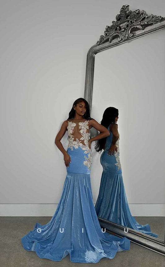 G4422 -Mermaid Sleeveless Illsion Baby Blue Velvet Prom Evening Dress with Train for Black Girl Slay