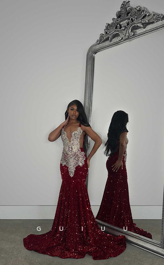 G4423 - Sexy & Hot Mermaid Spaghetti Straps Beaded  Prom Evening Dress with Train For Black Girl Slay