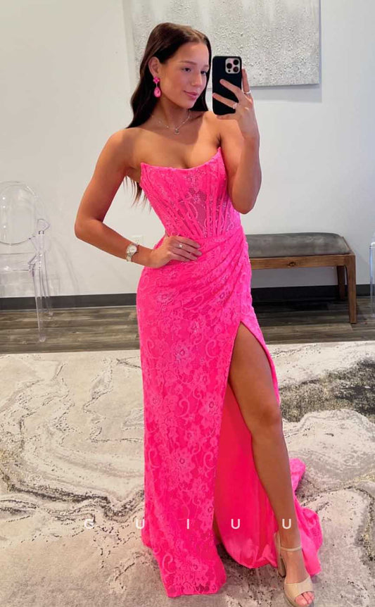 G4412 - Sexy & Hot Pink Column Pleats Sleeveless Prom Party Desss with Slit