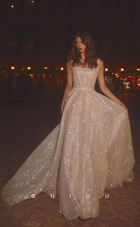 GW108 - A Line Square Neckline Sparkly Wedding Dress