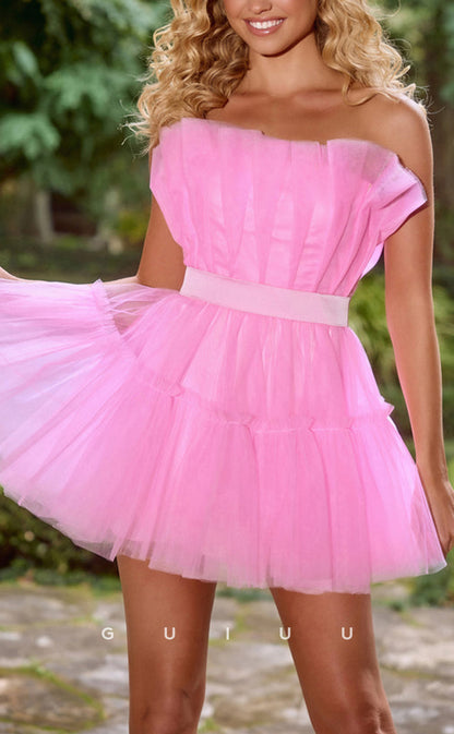 GH447 - A Line Strapless Pleats Cute Homecoming Dress Short Party Gown