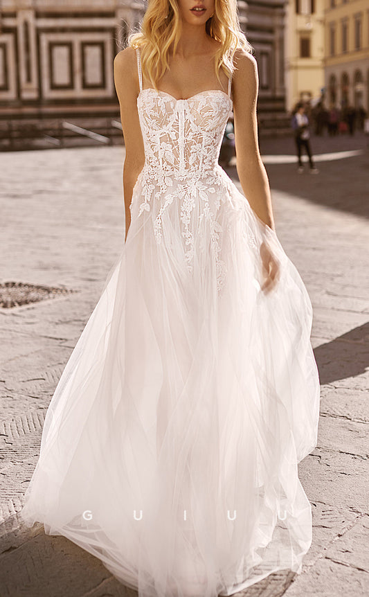 GW116 - A Line Sweetheart Lace Appliques Boho Wedding Dress