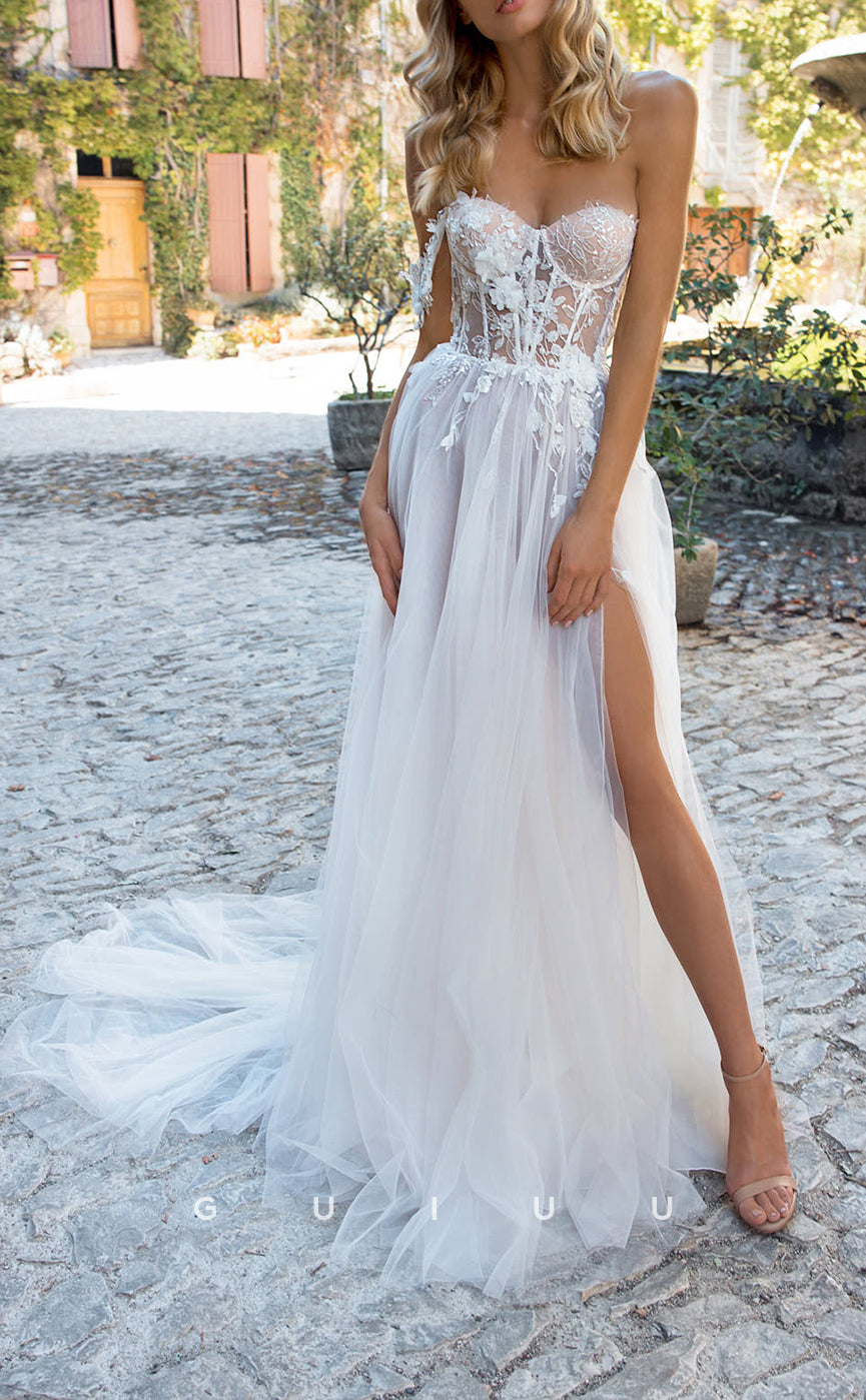 GW111 - A Line Sweetheart Lace Appliques Boho Wedding Dress with Slit