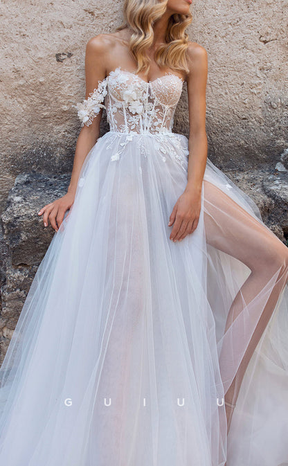 GW111 - A Line Sweetheart Lace Appliques Boho Wedding Dress with Slit