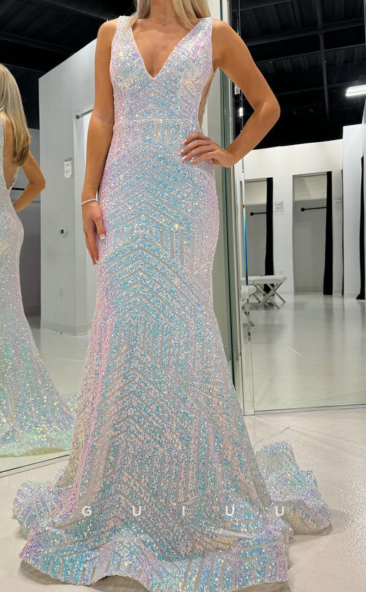 G3800 - Mermaid V Neck Straps Sleeveless Open Back Long Prom Party Dress with Train