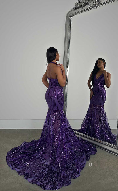 G4425 - Unique Mermaid Halter Sequined Sleeveless Open Back Prom Evening Dress with Train for Black Girl Slay