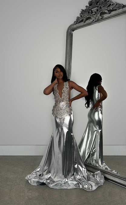 G4421 - Unique Mermaid V Neck Straps Crystal Sleeveless Prom Party Dress for Black Girl Slay