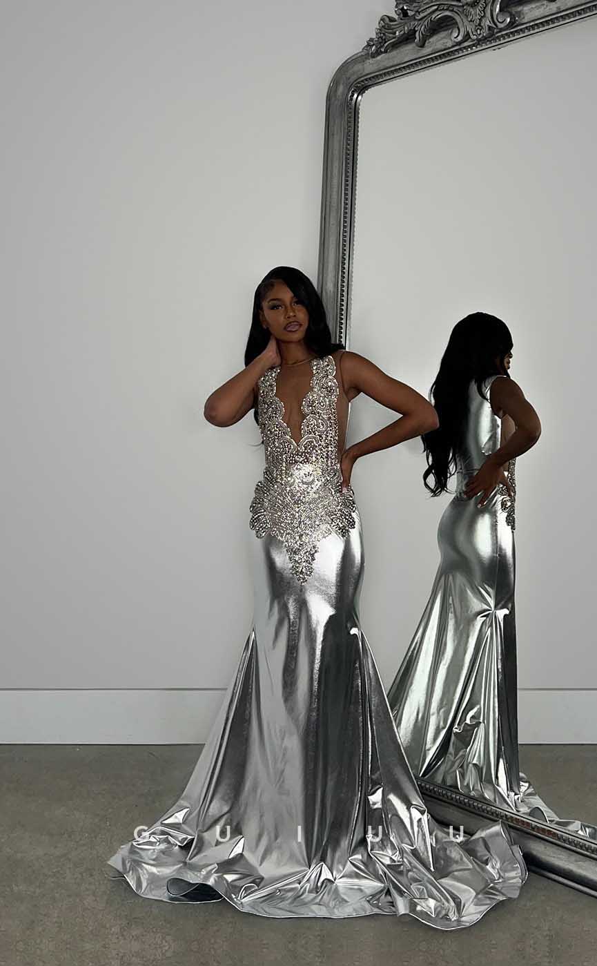 G4421 - Unique Mermaid V Neck Straps Crystal Sleeveless Prom Party Dress for Black Girl Slay