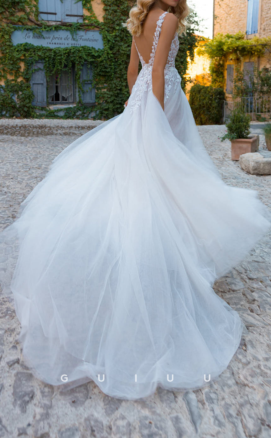 GW112 - Illusion Deep V Neck Lace Appliques Boho Wedding Dress with Slit