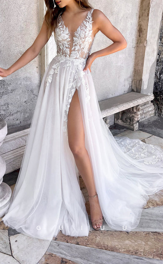 GW114 - A Line Illusion V Neck Lace Appliques Boho Wedding Dress