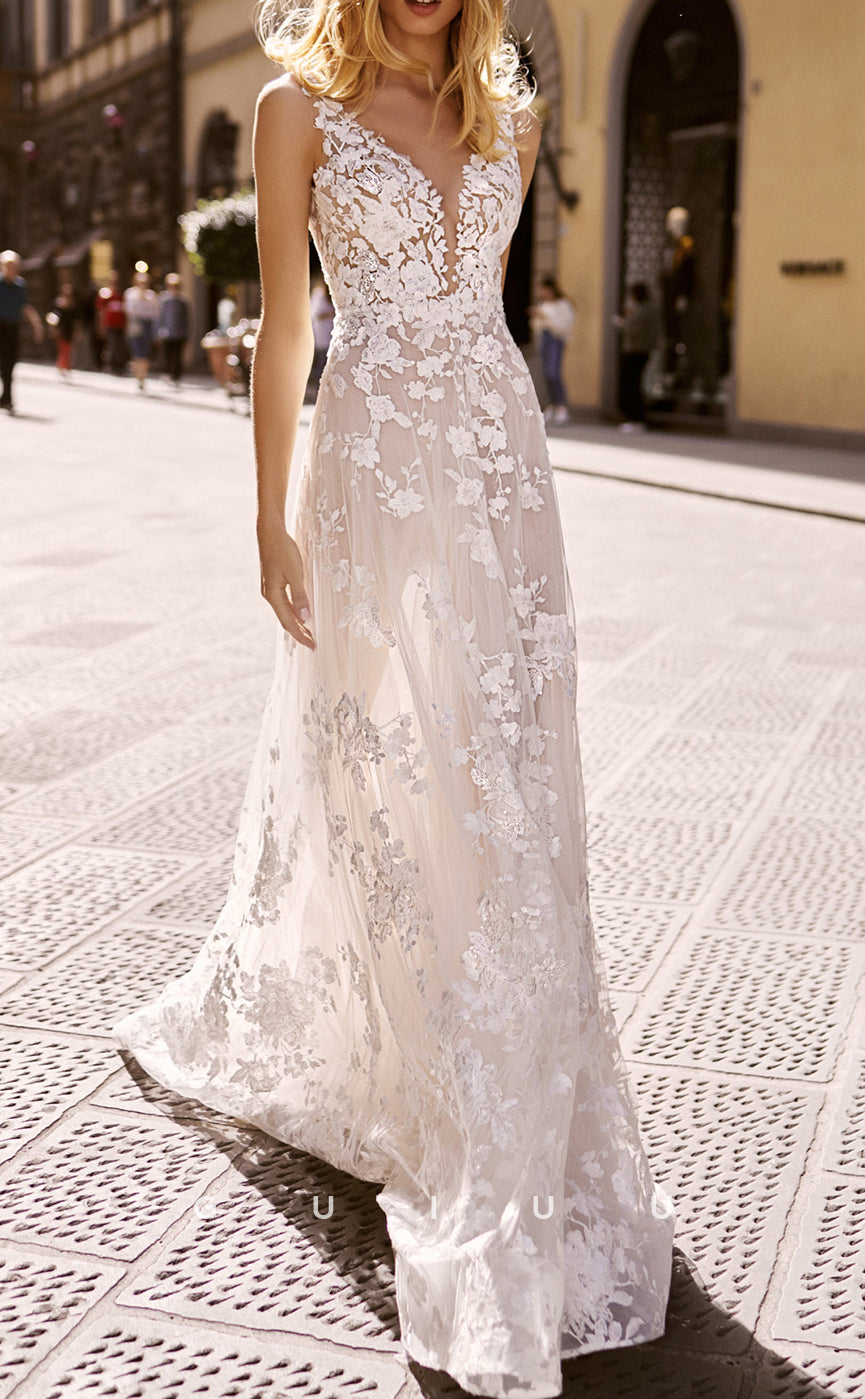 GW118 - Romantic Lace Wedding Dress Illusion V Neck Boho Wedding Gown