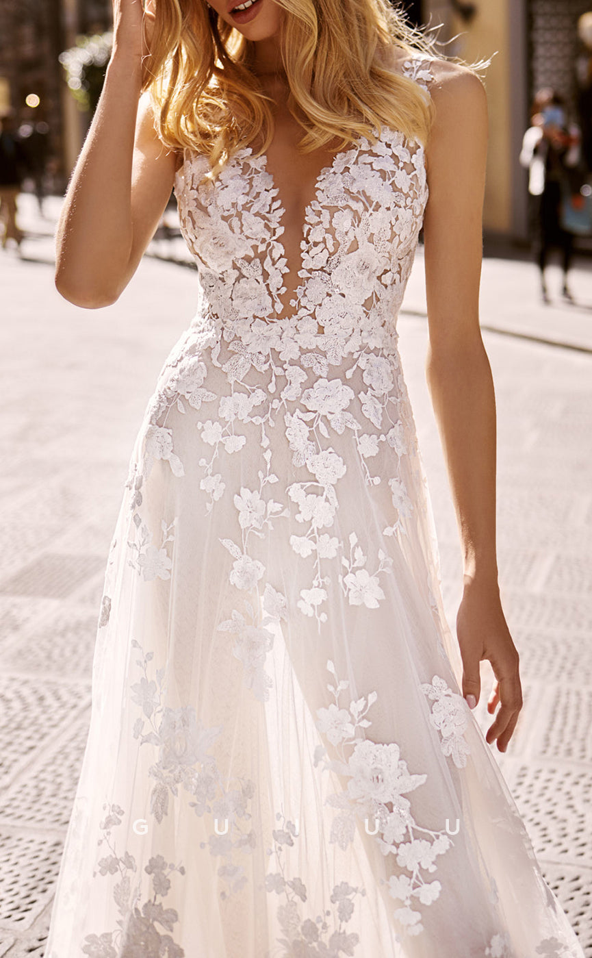 GW118 - Romantic Lace Wedding Dress Illusion V Neck Boho Wedding Gown