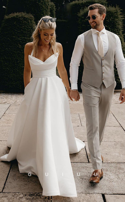 GW120 - A Line V neck Satin Pleats Simple Wedding Dress
