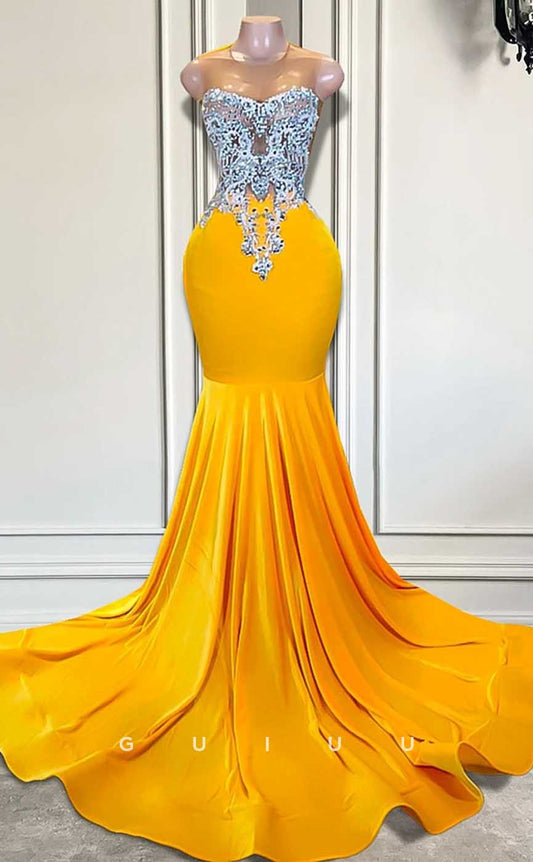 G4590 - Modern & Chic Mermaid Illsion Crystal Yellow Court Train Party Prom Gown