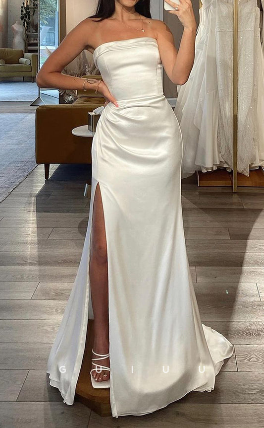 GW366 - Elegant Simple Strapless Pleats Beach Wedding Dress With Slit