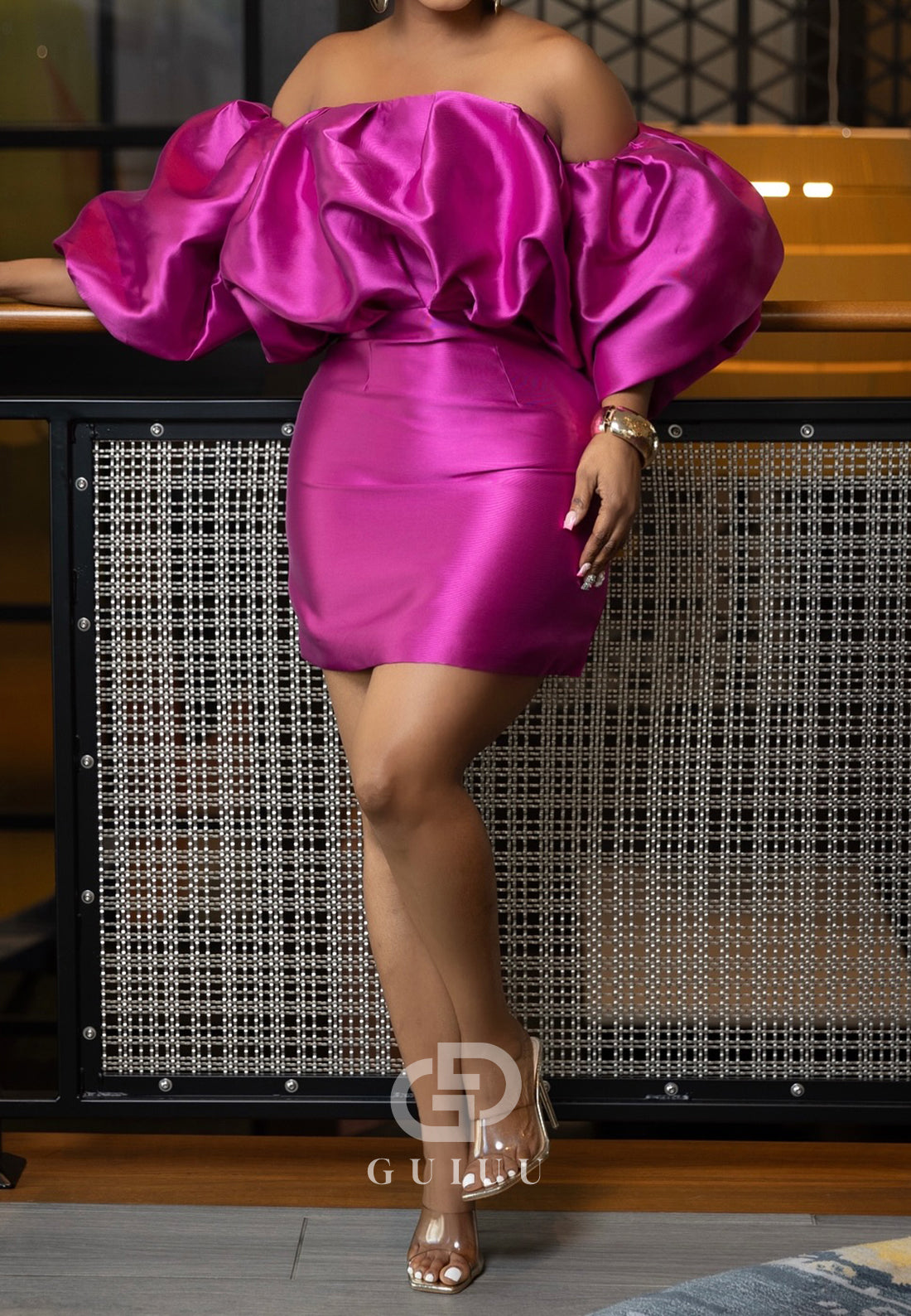 Fuchsia Off-Shoulder Sleeveless Satin Homecoming Dress