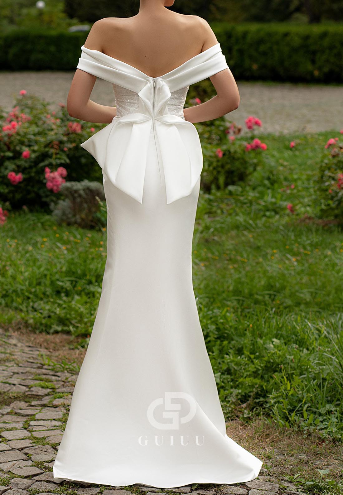 Sheath Off-Shoulder Slit Ruched Romantic Wedding Dress