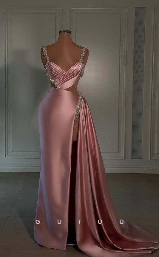 G3283 - Chic & Modern Beaded Straps Pleats Long Party Prom Evening Dresses With Slit