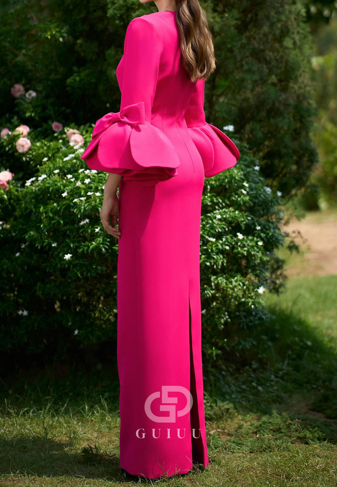 Fuchsia Long Sleeves Square Satin Evening Dress