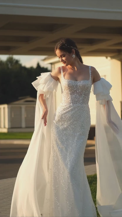 GW467 - Elegant & Luxurious Beaded Square Straps Long Boho Wedding Dresses