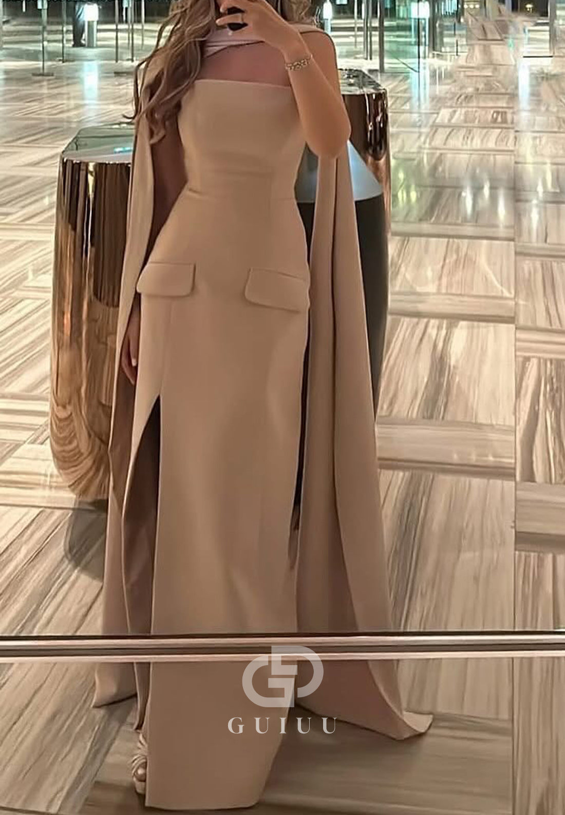 Simple Sheath Strapless Scoop Slit Semi-Formal Dress
