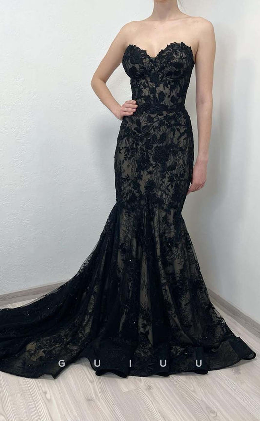 G3193 - Elegant Mermaid Strapless Lace Long Formal Prom Dresses With Train