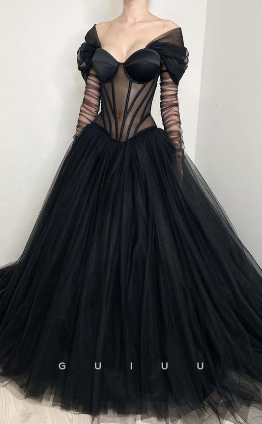 G3190 - A-Line Off-Shoulder Illusion Tulle Ball Gown Evening Gown Prom Dresses