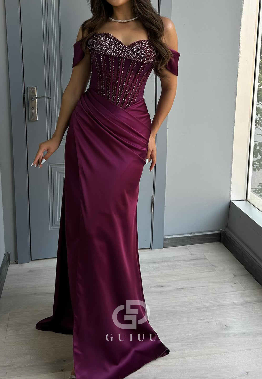 Raspberry Sweetheart Sleeveless Sequins Ruched Prom Dress