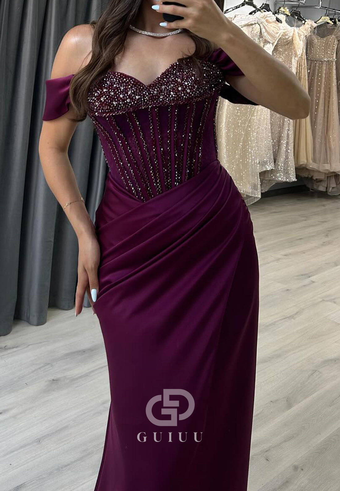 Raspberry Sweetheart Sleeveless Sequins Ruched Prom Dress