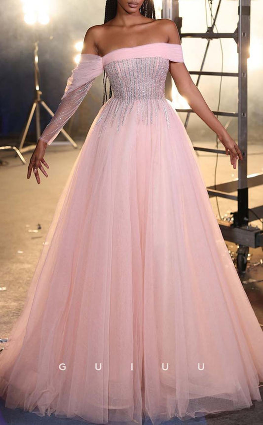 G3181 - Elegant & Luxurious A-Line Off-Shoulder Sequins Pink Long Formal Prom Dresses