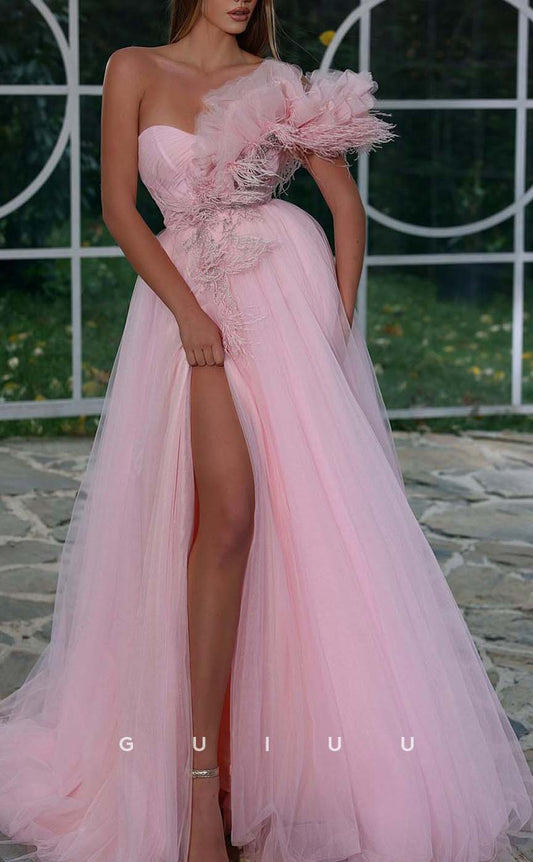 G3182 - Chic & Modern Pink A-Line One Shoulder Feather Tulle Long Formal Prom Dresses
