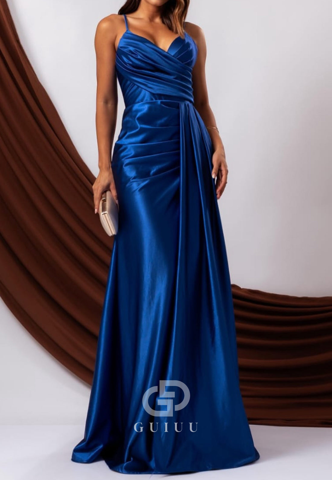 Spaghetti Straps V-Neck Slit Ruched Evening Dress