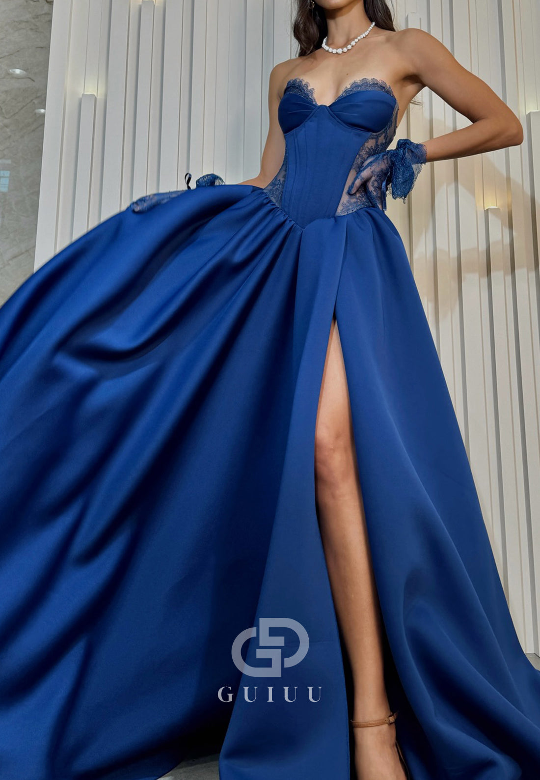 Ink Blue A-Line Strapless Sleeveless Slit Corset Evening Dress