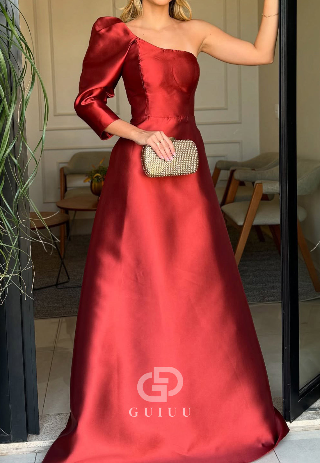 One Shoulder Long Sleeves A-Line Satin Mother of the Bride Dress