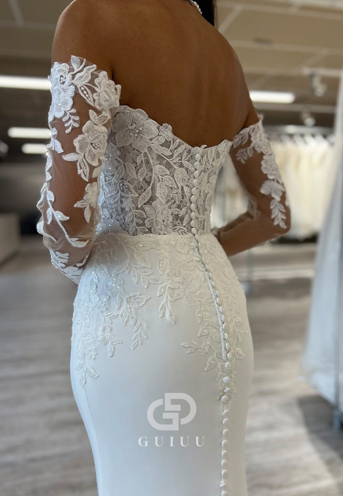 Long Sleeves Off-Shoulder Corset Tulle Mermaid Wedding Dress