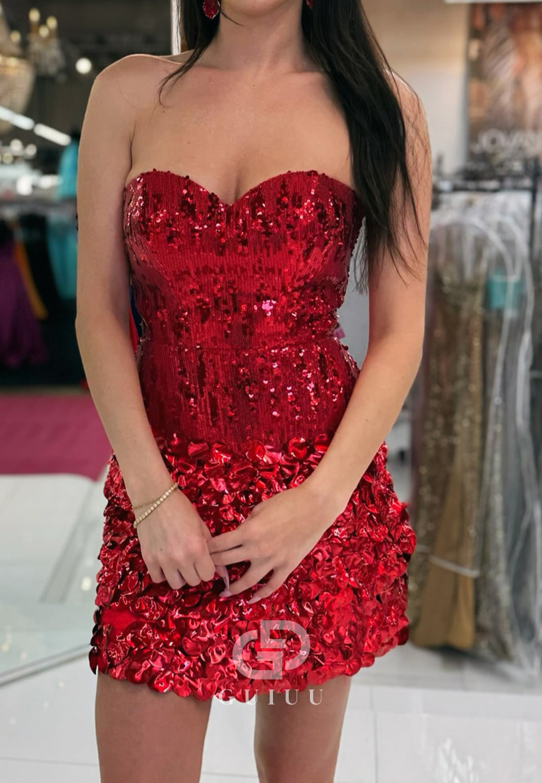 Red Sleeveless Strapless Sequins Short Homecoming Dress