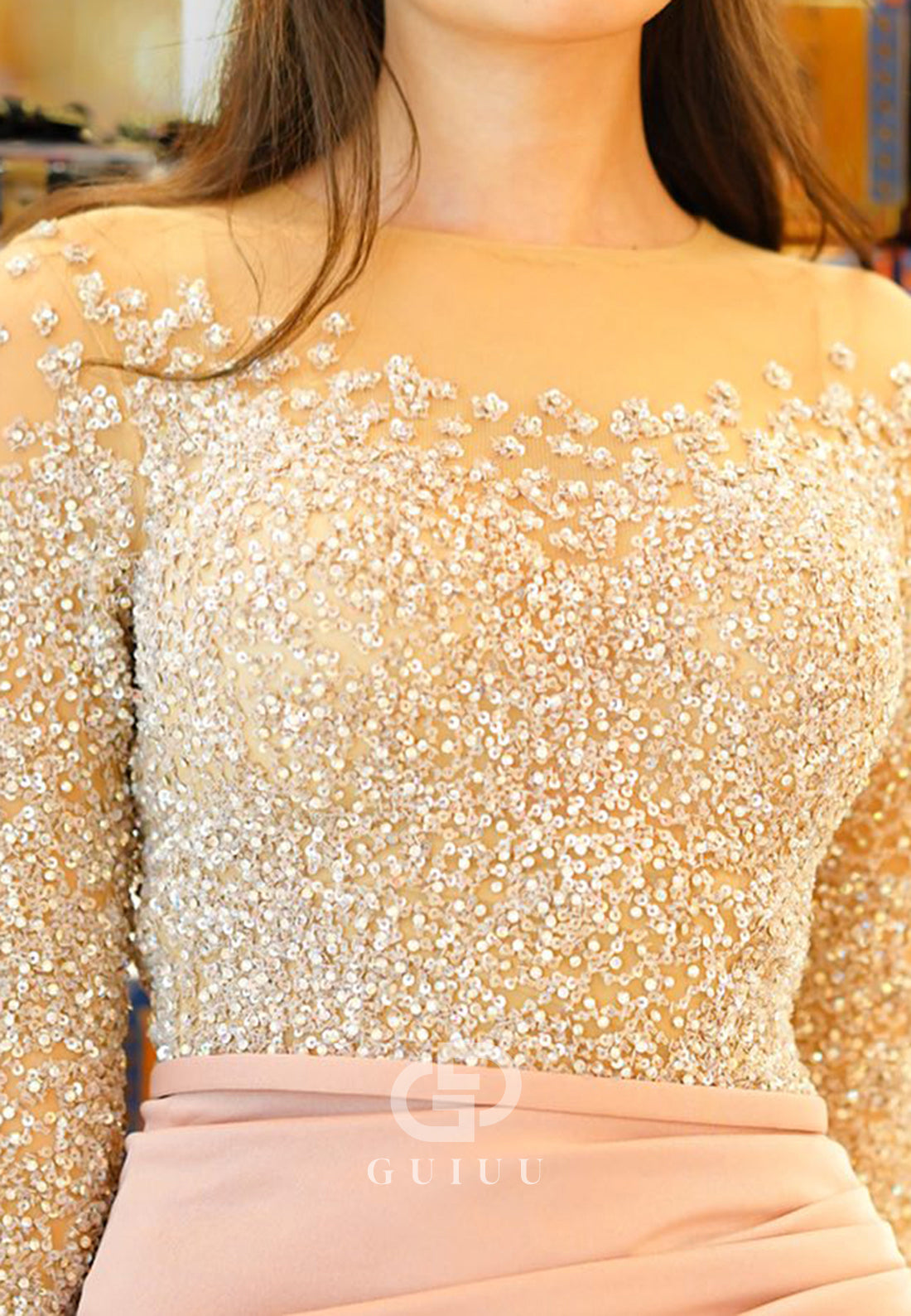 Blushing Pink Long Sleeves Scoop Sequins Ruched Sheath Prom Dress