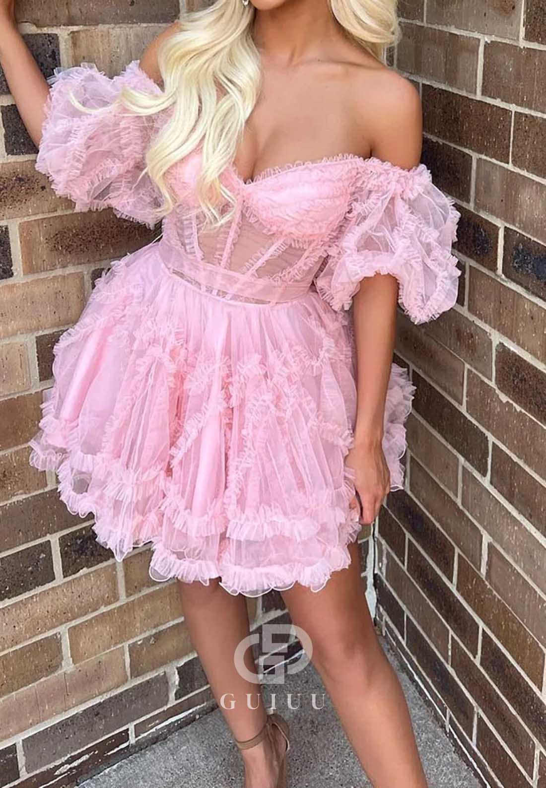 A-Line Short Sleeves Sweetheart Corset Homecoming Dress