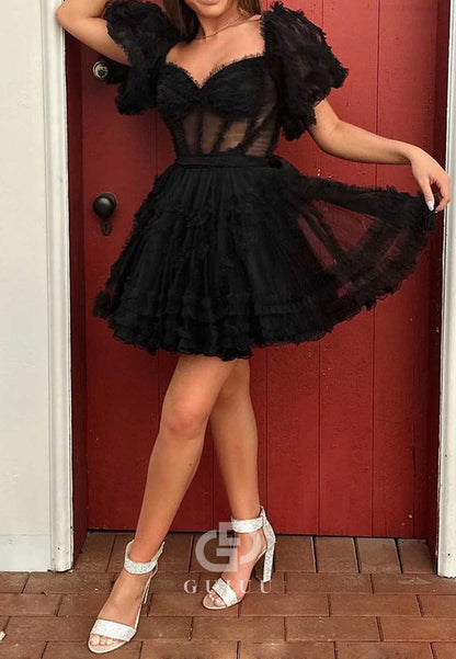 A-Line Short Sleeves Sweetheart Corset Homecoming Dress
