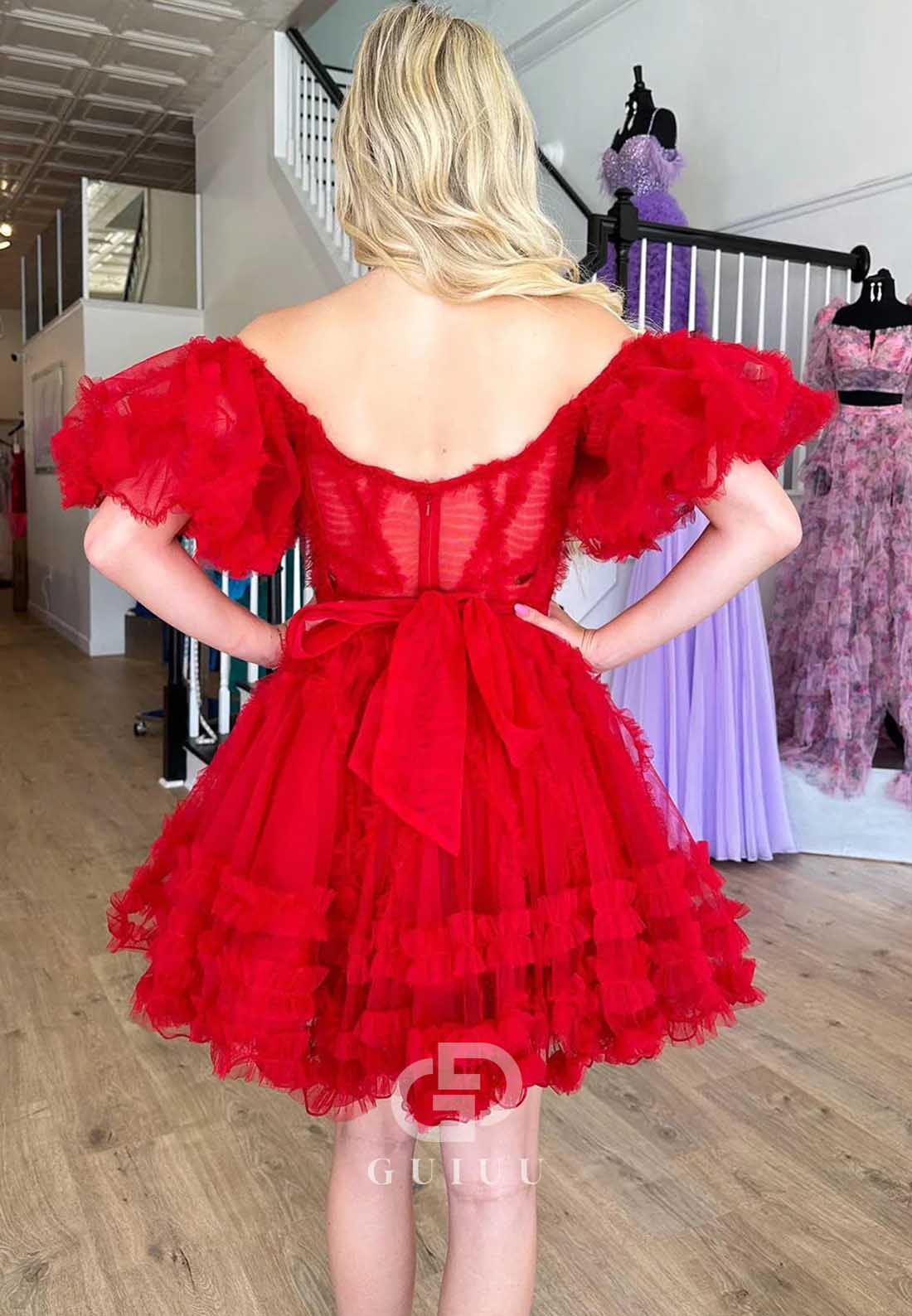 A-Line Short Sleeves Sweetheart Corset Homecoming Dress