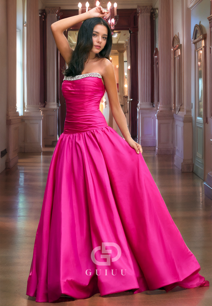 A-Line Strapless Sleeveless Pleated Beaded Back Zipper Long Prom Dress