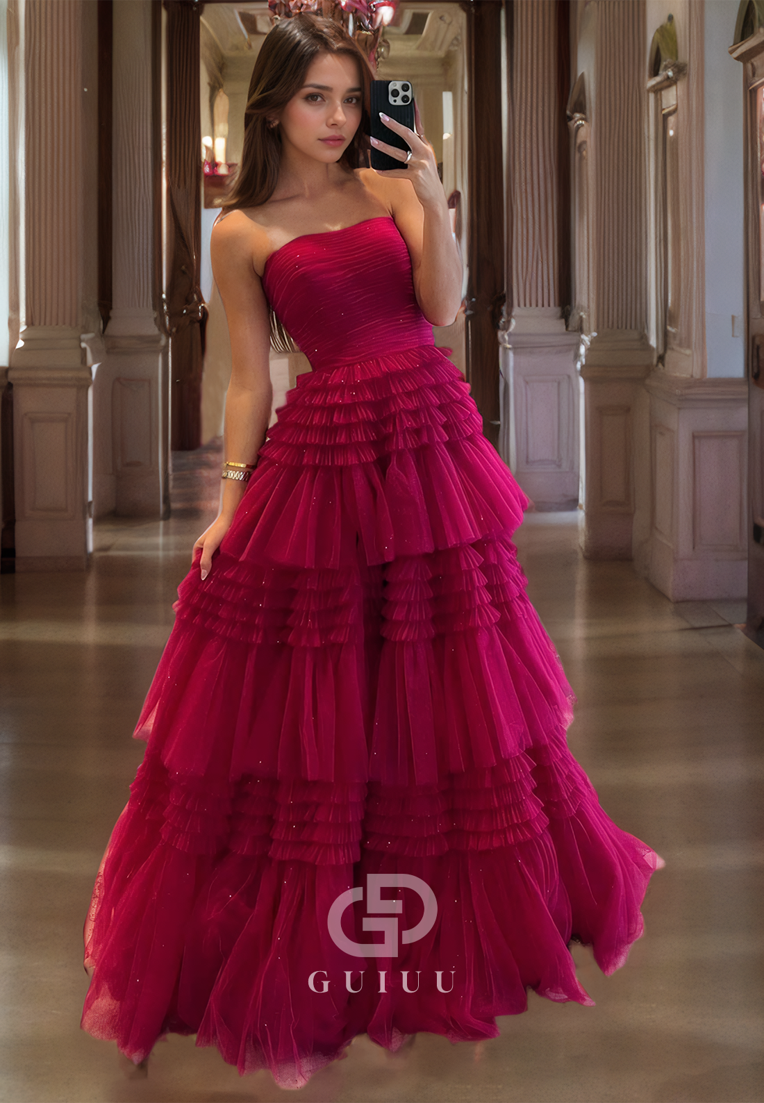 A-Line Strapless Sleeveless Pleated Tulle Tiered Long Prom Dress