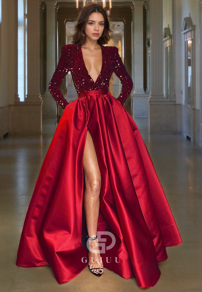 A-Line Low V Neck Long Sleeves Sequins Satin Long Prom Dress with High Side Slit