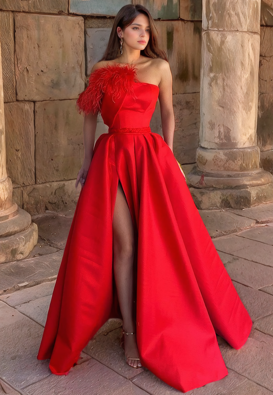 A-Line Strapless Sleeveless SaTIN Long Prom Dress with High Side Slit and Train