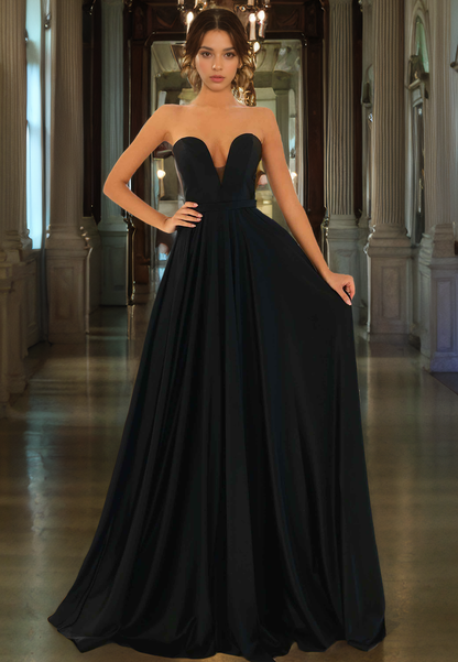 A-Line Strapless Sleeveless Back Zipper Long Prom Dress with Train