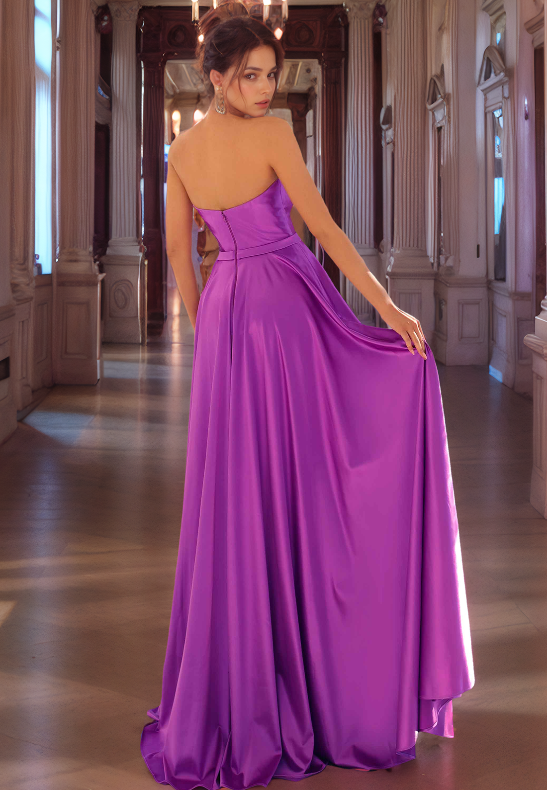 A-Line Strapless Sleeveless Back Zipper Long Prom Dress with Train